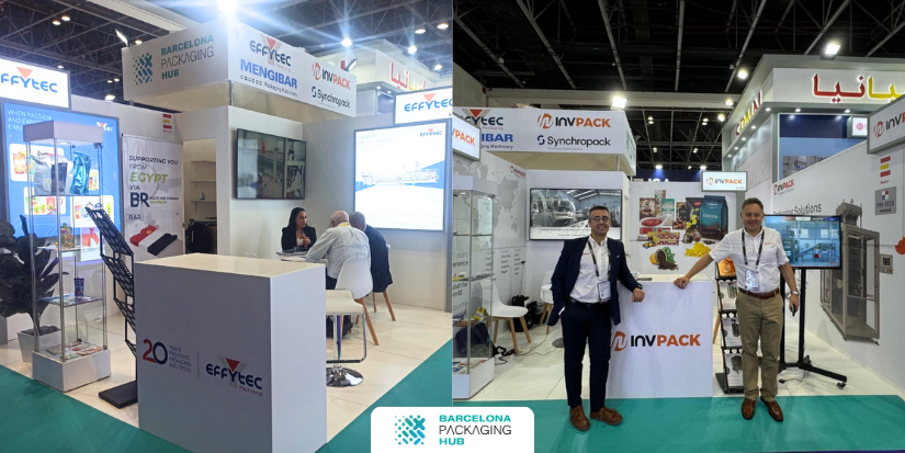 Stand colaborativo de Barcelona Packaging Hub en Gulfood Manufacturing 2024, mostrando soluciones innovadoras de packaging.