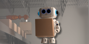 Robot en un almacén de packaging sosteniendo una caja, representando la automatización y la innovación en la industria del packaging para 2025.